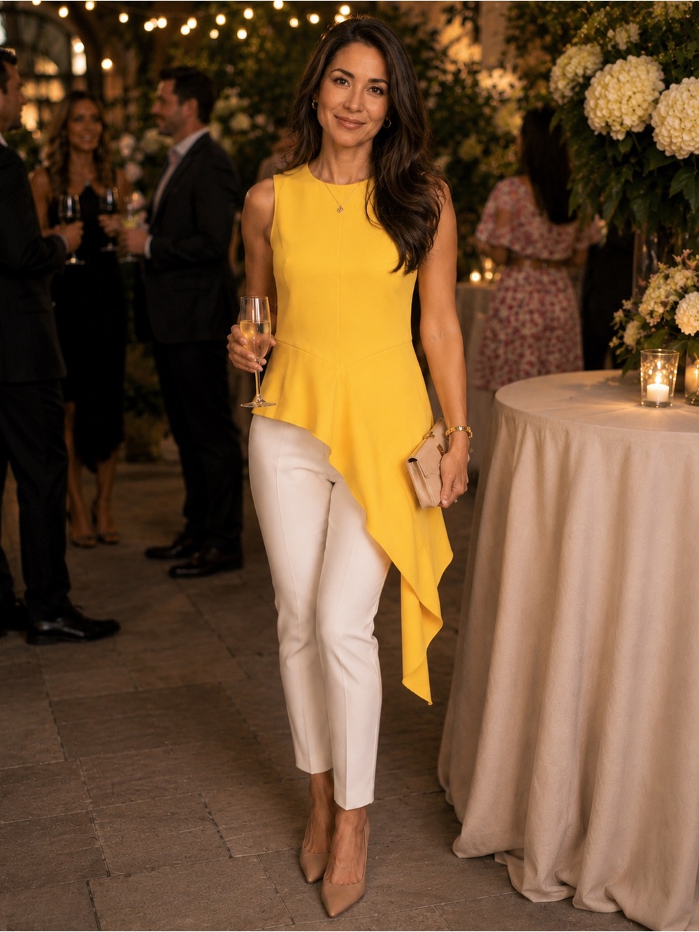 Zara Yellow Asymmetrical Sleeveless Top with White Pants